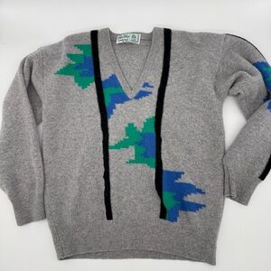 Vintage Glen Abbey Lambswool Gray Geometric V-Neck Sweater Men’s 42/52 80s 90s